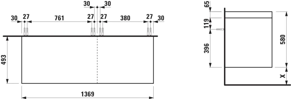 LAUFEN LANI Modular 1400, Waschtischplatte 65 mm (.267 Wildeiche), ohne Ausschnitt, 4 Schubladen: Element 800 links + Element 600 rechts 1370 x 495 x 580 mm #H4065801122601 - 260 - Weiß matt