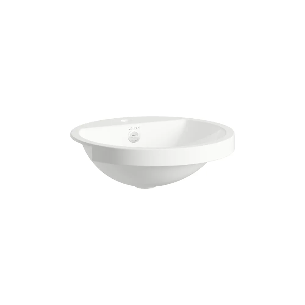 LAUFEN FORM Halbeinbauwaschtisch, aus Vitreon Stahl, mit Armaturenbank, mit einem Hahnloch, mittig, mit Überlauf, inklusive Befestigungsset, Überlaufgarnitur 450 x 450 x 163 mm #H516FM50001041 - 000 - Weiß