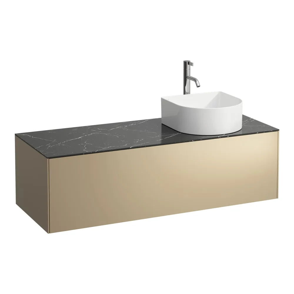 LAUFEN SONAR Schubladenelement, 1 Schublade, passend zu Waschtisch-Schalen H812340, H812341, H812342, H812343, Ausschnitt rechts, inkl. gebohrtes Hahnloch 1175 x 455 x 340 mm #H4054270341421 - 140 - Deckplatte Nero Marquina, Korpus/Front Gold (lackiert)