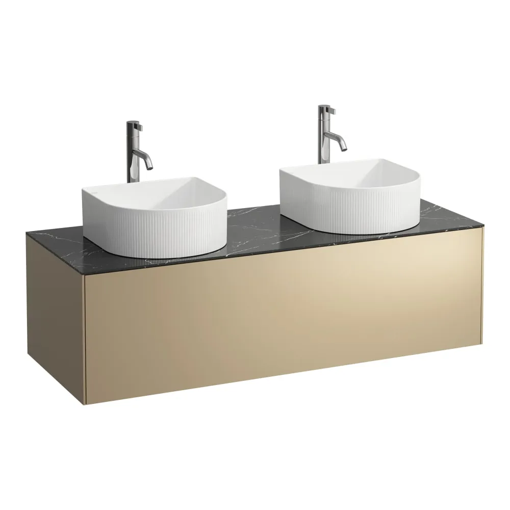 LAUFEN SONAR Schubladenelement, 1 Schublade, passend zu Waschtisch-Schalen H812340, H812341, H812342, H812343, Ausschnitt links und rechts inkl. gebohrte Hahnlöcher 1175 x 455 x 340 mm #H4054280341431 - 140 - Deckplatte Nero Marquina, Korpus/Front Gold (lackiert)