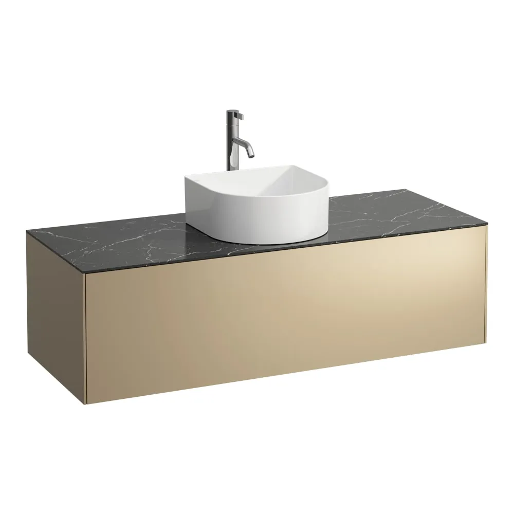 LAUFEN SONAR Schubladenelement, 1 Schublade, passend zu Waschtisch-Schalen H812340, H812341, H812342, H812343, Ausschnitt Mitte inkl. gebohrtes Hahnloch 1175 x 455 x 340 mm #H4054250341431 - 140 - Deckplatte Nero Marquina, Korpus/Front Gold (lackiert)