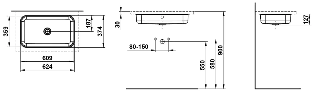 LAUFEN STREAM Einbauwaschtisch von unten, aus Vitreon Stahl, ohne Armaturenbank, ohne Hahnloch, mit Überlauf, inklusive Befestigungsset, Überlaufgarnitur 624 x 374 x 127 mm #H513SR70001091 - 000 - Weiß