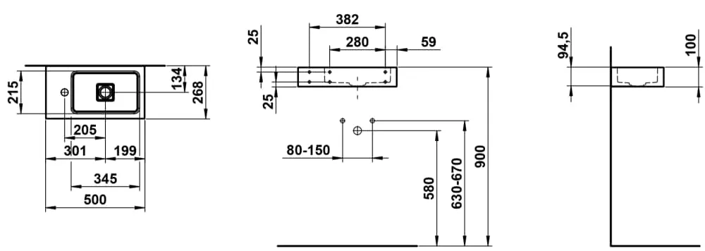 LAUFEN XPLORE.S Waschtisch, wandhängend, aus Vitreon Stahl, Ablage links, mit Armaturenbank, mit einem Hahnloch, ohne Überlauf, inklusive Befestigungsset, Schaftventil 500 x 268 x 100 mm #H515XS30001111 - 000 - Weiß