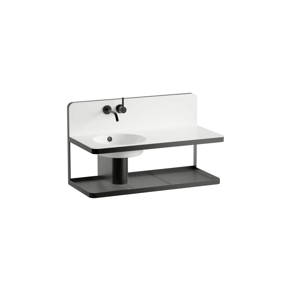 LAUFEN STEEL19 Waschplatz, wandhängend, aus Vitreon Stahl, Ablage rechts, mit Überlauf, inklusive Befestigungsset, Schaftventil mit Staufunktion, Siphon, Siphonverkleidung, Glasablage, Wandauslaufarmatur inkl. vormontiertem Unterputzventil 1000 x 490 x 590 mm #H580ST60001091 - 000 - Weiß