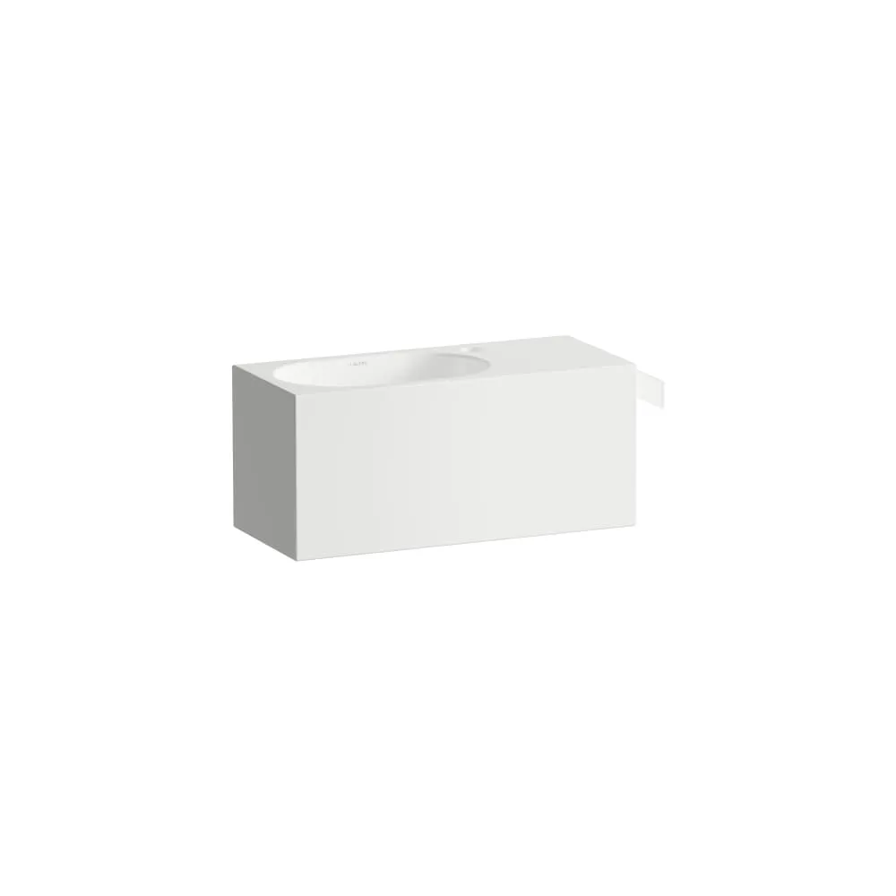 LAUFEN FUSION.S Waschplatz, wandhängend, aus Vitreon Stahl, Ablage rechts, mit einem Hahnloch, ohne Überlauf, inklusive Befestigungsset, Schaftventil 535 x 236 x 240 mm #H585FS40001111 - 000 - Weiß