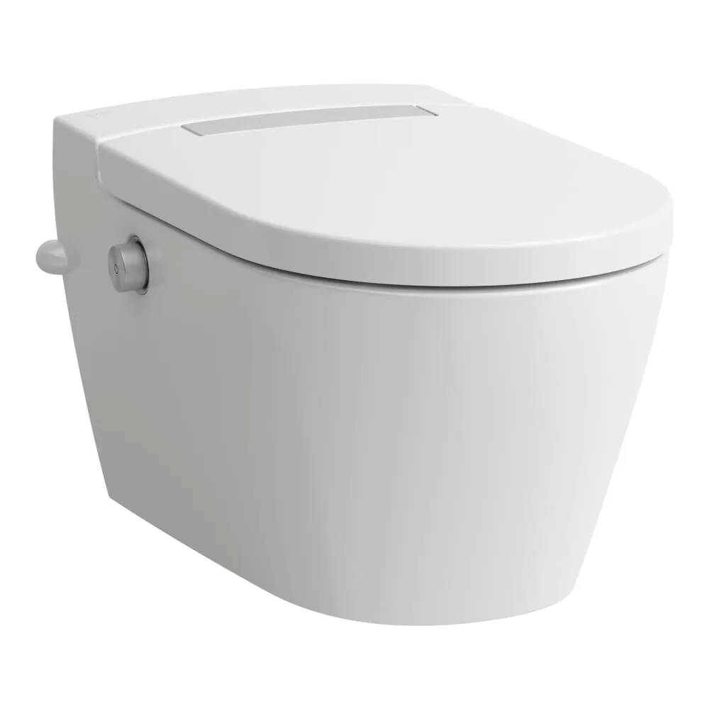 LAUFEN CLEANET AURIA PLUS version, Dusch-WC wandhängend, silent flush, spülrandlos, Sitz und Deckel mit Auto-Öffnung und Absenkautomatik, beheiztem Sitz, Fernbedienung, W-LAN & APP, Föhn, UV-Desinfektion, Umgebungslicht, mit seitlicher Öffnung für externen Wasseranschluss 630 x 395 x 395 mm #H8208414007171 - 400 - Weiẞ LCC (LAUFEN Clean Coat)