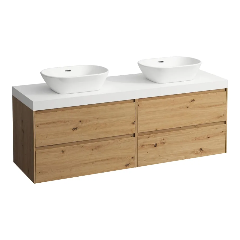 LAUFEN LANI Modular 1600, Waschtischplatte 65 mm (.260 Weiß matt), Ausschnitt links und rechts, 4 Schubladen: Element 800 rechts + Element 800 links 1570 x 495 x 580 mm #H4045941122671 - 267 - Wildeiche