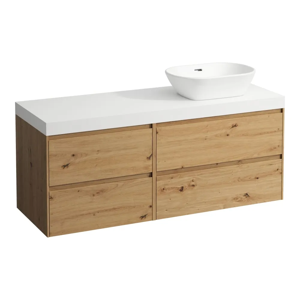 LAUFEN LANI Modular 1400, Waschtischplatte 65 mm (.260 Weiß matt), Ausschnitt rechts, 4 Schubladen: Element 800 rechts + Element 600 links 1370 x 495 x 580 mm #H4045831122671 - 267 - Wildeiche