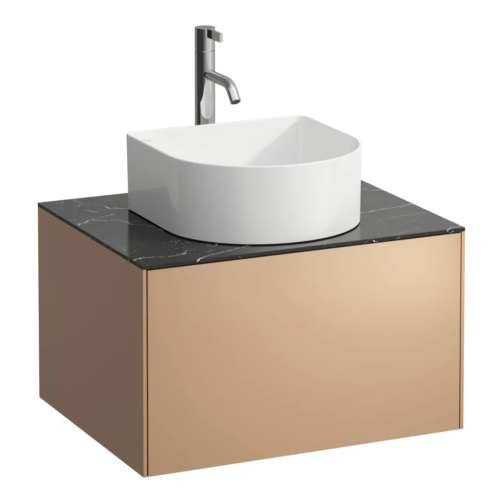 LAUFEN SONAR Schubladenelement, 1 Schublade, passend zu Waschtisch-Schalen H812340, H812341, H812342, H812343, Ausschnitt Mitte inkl. gebohrtes Hahnloch 575 x 455 x 340 mm #H4054050341411 - 141 - Deckplatte Nero Marquina, Korpus/Front Kupfer (lackiert)