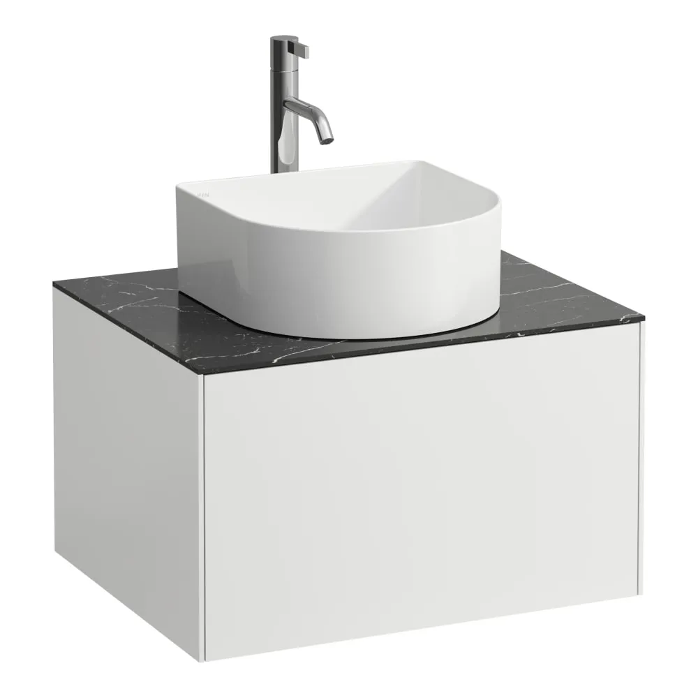 LAUFEN SONAR Schubladenelement, 1 Schublade, passend zu Waschtisch-Schalen H812340, H812341, H812342, H812343, Ausschnitt Mitte inkl. gebohrtes Hahnloch 575 x 455 x 340 mm #H4054050341431 - 143 - Weiß matt & Nero Marquina