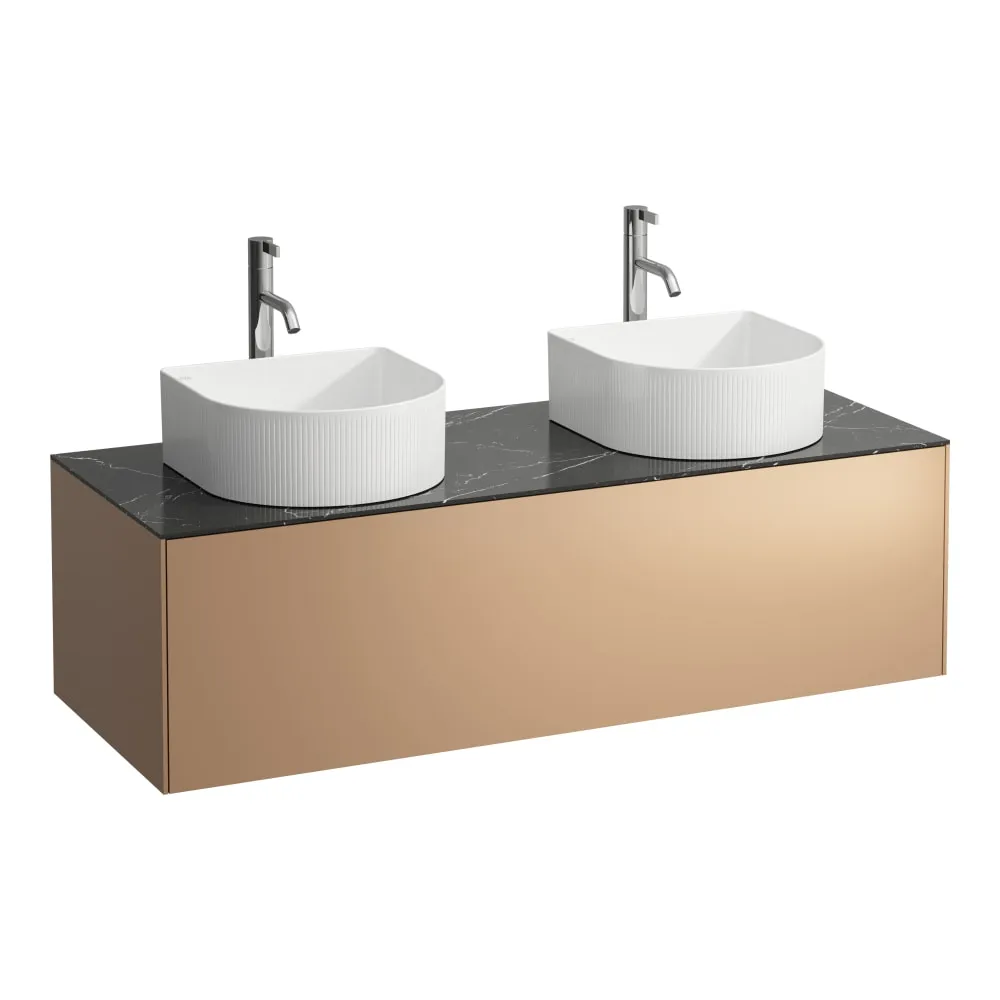 LAUFEN SONAR Schubladenelement, 1 Schublade, passend zu Waschtisch-Schalen H812340, H812341, H812342, H812343, Ausschnitt links und rechts inkl. gebohrte Hahnlöcher 1175 x 455 x 340 mm #H4054280341411 - 141 - Deckplatte Nero Marquina, Korpus/Front Kupfer (lackiert)