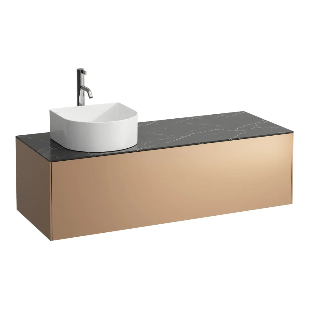 LAUFEN SONAR Schubladenelement, 1 Schublade, passend zu Waschtisch-Schalen H812340, H812341, H812342, H812343, Ausschnitt links, inkl. gebohrtes Hahnloch 1175 x 455 x 340 mm #H4054260341411 - 141 - Deckplatte Nero Marquina, Korpus/Front Kupfer (lackiert)