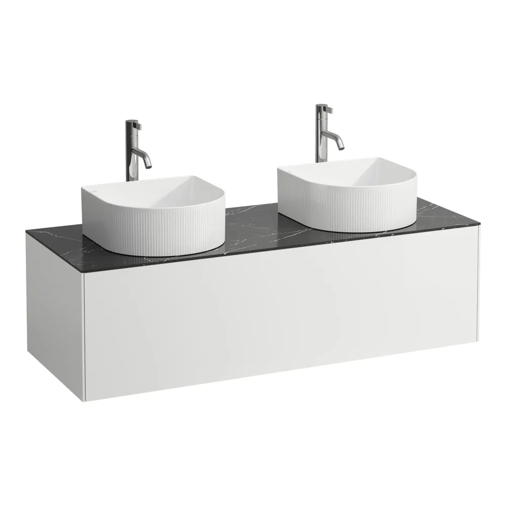 LAUFEN SONAR Schubladenelement, 1 Schublade, passend zu Waschtisch-Schalen H812340, H812341, H812342, H812343, Ausschnitt links und rechts inkl. gebohrte Hahnlöcher 1175 x 455 x 340 mm #H4054280341431 - 143 - Weiß matt & Nero Marquina