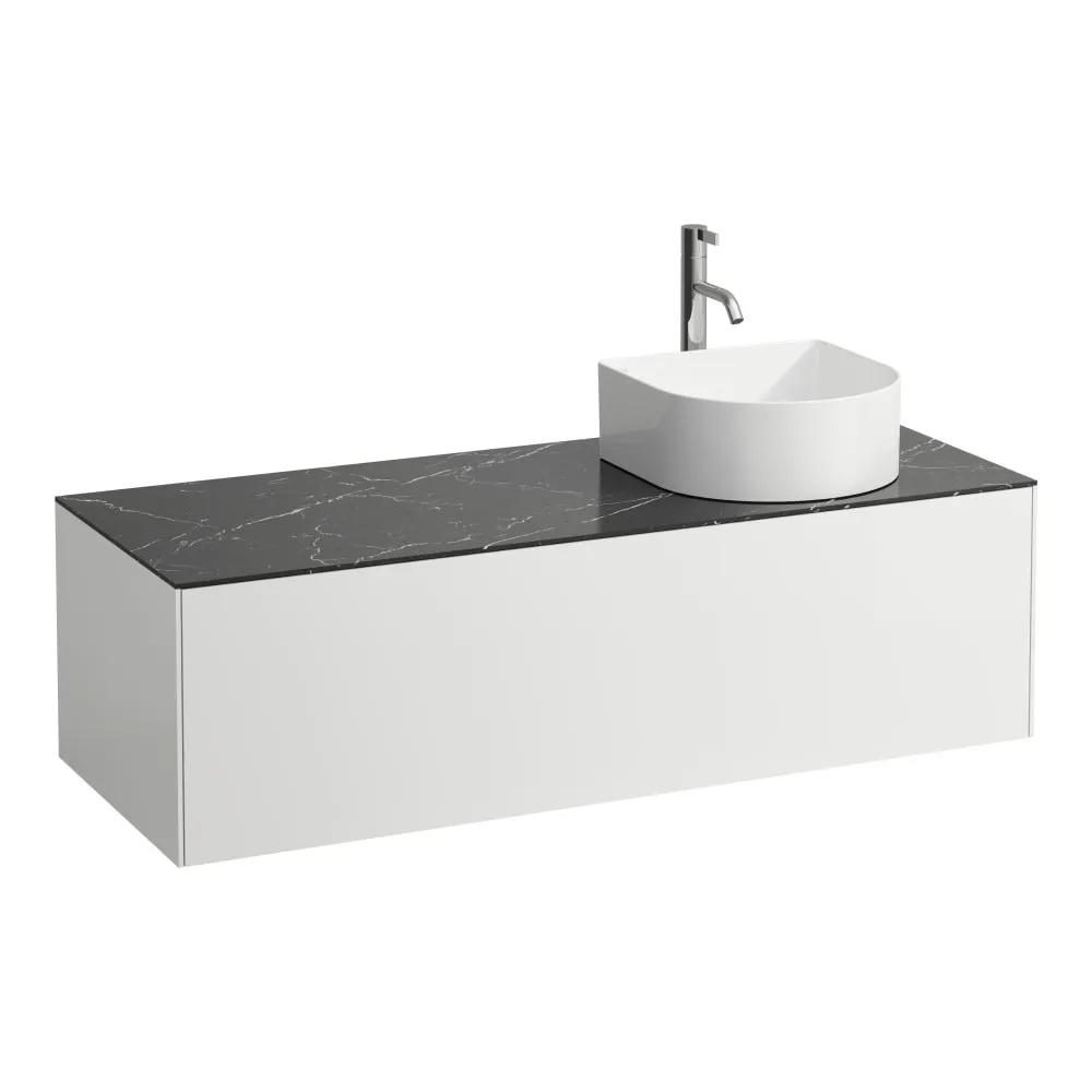 LAUFEN SONAR Schubladenelement, 1 Schublade, passend zu Waschtisch-Schalen H812340, H812341, H812342, H812343, Ausschnitt rechts, inkl. gebohrtes Hahnloch 1175 x 455 x 340 mm #H4054270341431 - 143 - Weiß matt & Nero Marquina