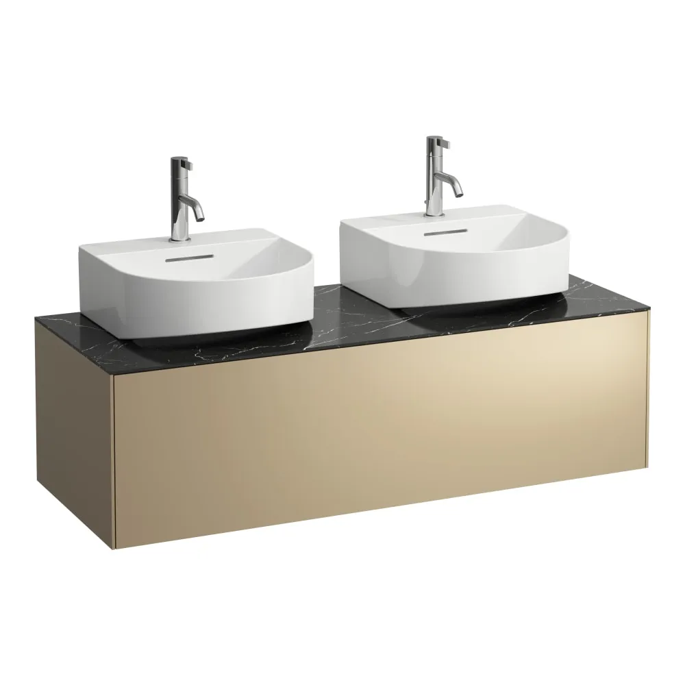 LAUFEN SONAR Schubladenelement, 1 Schublade, passend zu Aufsatzhandwaschbecken H816341, Ausschnitt links und rechts 1175 x 455 x 340 mm #H4054540341401 - 140 - Deckplatte Nero Marquina, Korpus/Front Gold (lackiert)