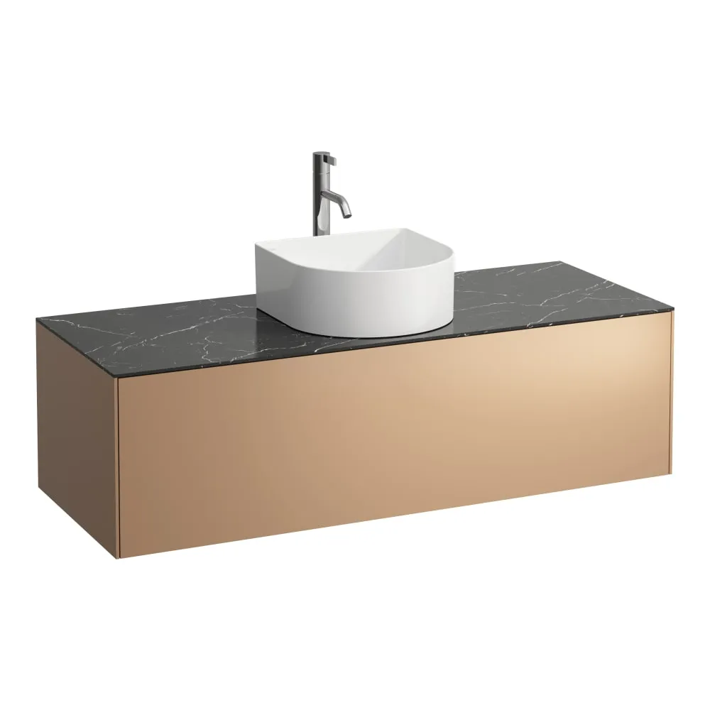 LAUFEN SONAR Schubladenelement, 1 Schublade, passend zu Waschtisch-Schalen H812340, H812341, H812342, H812343, Ausschnitt Mitte inkl. gebohrtes Hahnloch 1175 x 455 x 340 mm #H4054250341411 - 141 - Deckplatte Nero Marquina, Korpus/Front Kupfer (lackiert)