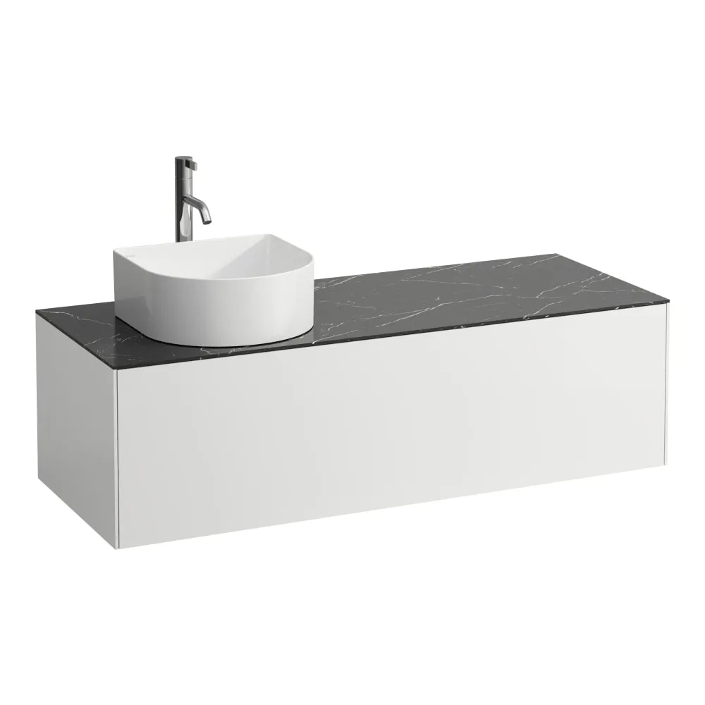 LAUFEN SONAR Schubladenelement, 1 Schublade, passend zu Waschtisch-Schalen H812340, H812341, H812342, H812343, Ausschnitt links, inkl. gebohrtes Hahnloch 1175 x 455 x 340 mm #H4054260341431 - 143 - Weiß matt & Nero Marquina