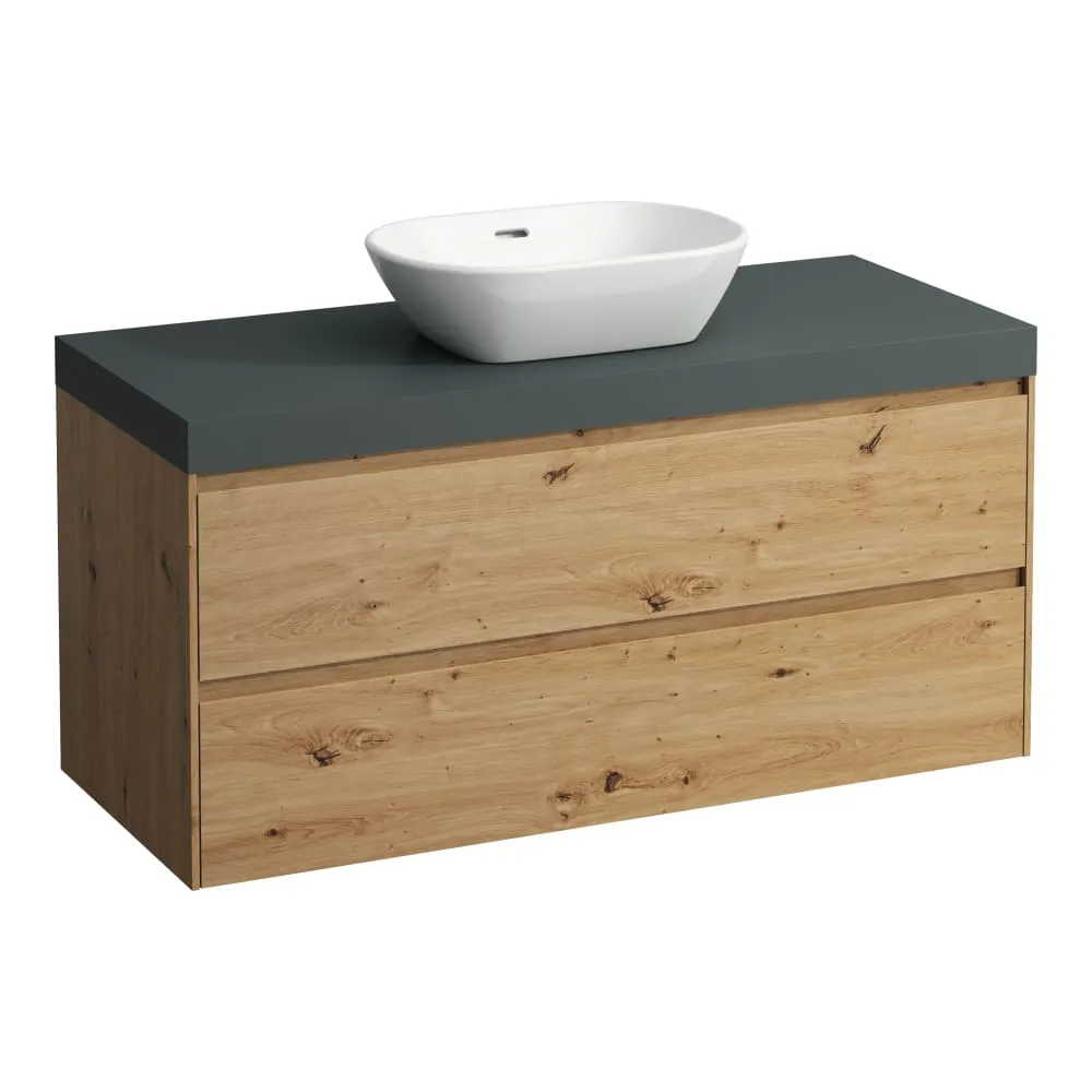 LAUFEN LANI Modular 1200, Waschtischplatte 65 mm (.266 Verkehrsgrau), Ausschnitt Mitte, 2 Schubladen 1185 x 495 x 580 mm #H4055711122671 - 267 - Wildeiche