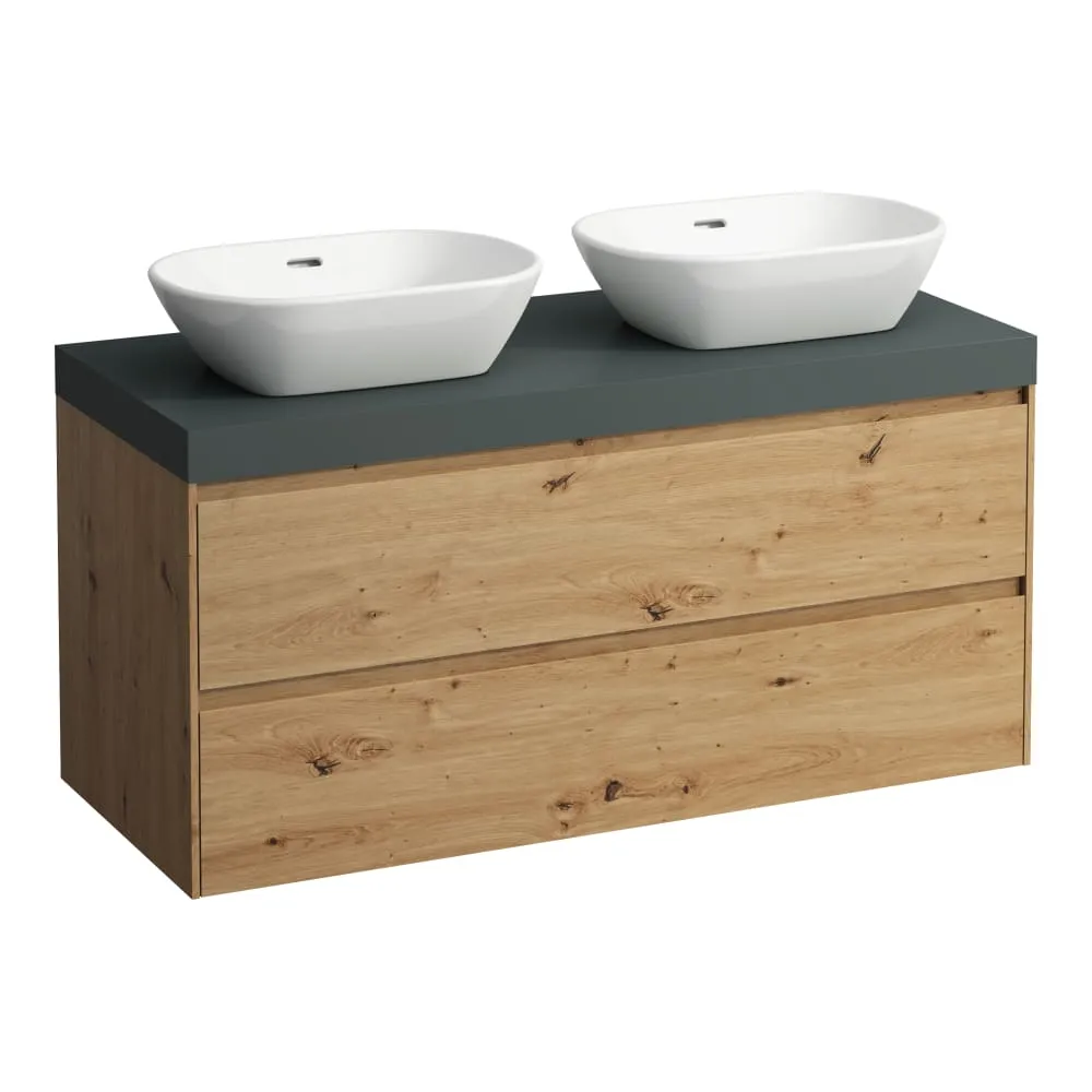 LAUFEN LANI Modular 1200, Waschtischplatte 65 mm (.266 Verkehrsgrau), Ausschnitt links und rechts, 2 Schubladen 1185 x 495 x 580 mm #H4055741122671 - 267 - Wildeiche