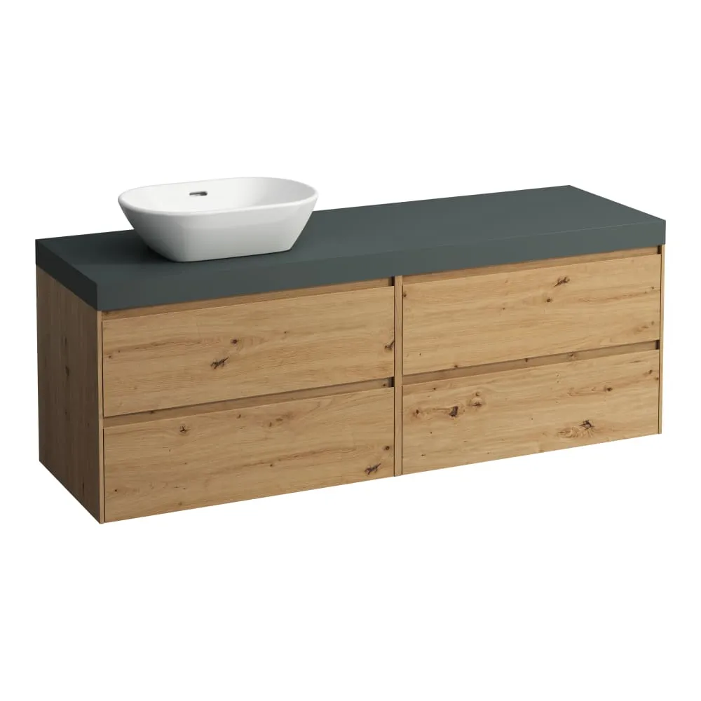 LAUFEN LANI Modular 1600, Waschtischplatte 65 mm (.266 Verkehrsgrau), Ausschnitt links, 4 Schubladen: Element 800 rechts + Element 800 links 1570 x 495 x 580 mm #H4055921122671 - 267 - Wildeiche