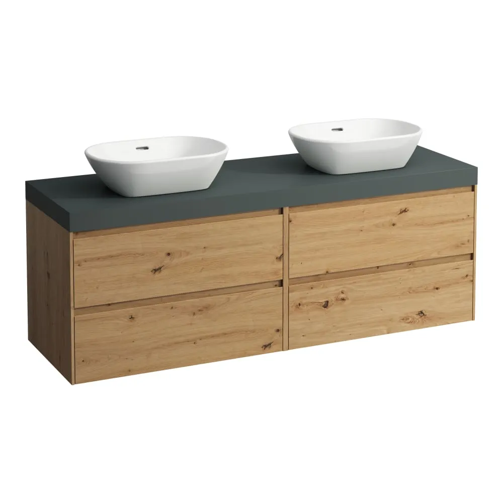 LAUFEN LANI Modular 1600, Waschtischplatte 65 mm (.266 Verkehrsgrau), Ausschnitt links und rechts, 4 Schubladen: Element 800 rechts + Element 800 links 1570 x 495 x 580 mm #H4055941122671 - 267 - Wildeiche