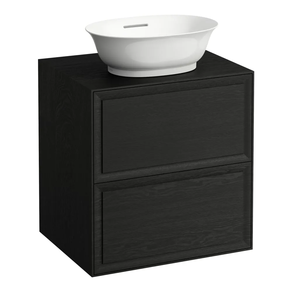 LAUFEN THE NEW CLASSIC Schubladenelement 600, 2 Schubladen, mit Ausschnitt Mitte, passend zu Waschtisch-Schalen H812850, H812851, H812852, H812853 575 x 455 x 600 mm #H4060020856281 - 628 - Geschwärzte Eiche