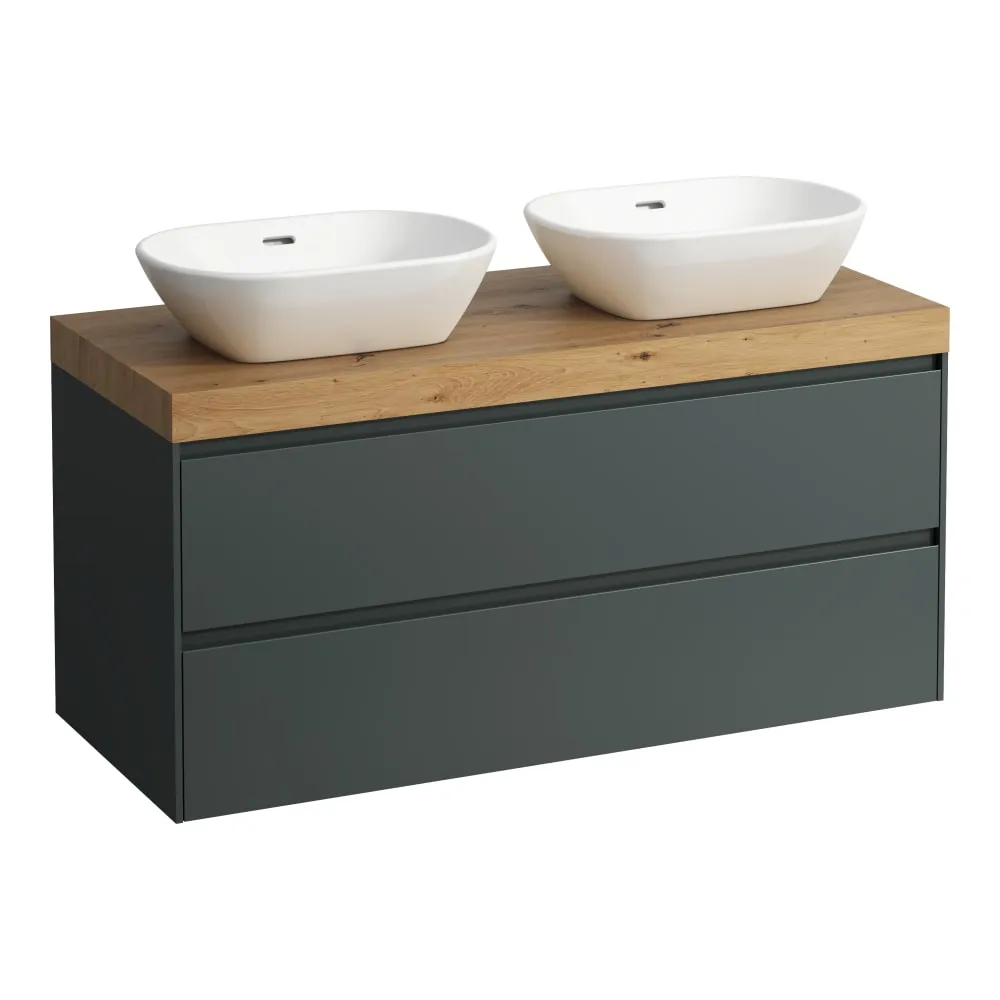 LAUFEN LANI Modular 1200, Waschtischplatte 65 mm (.267 Wildeiche), Ausschnitt links und rechts, 2 Schubladen 1185 x 495 x 580 mm #H4065741122661 - 266 - Verkehrsgrau