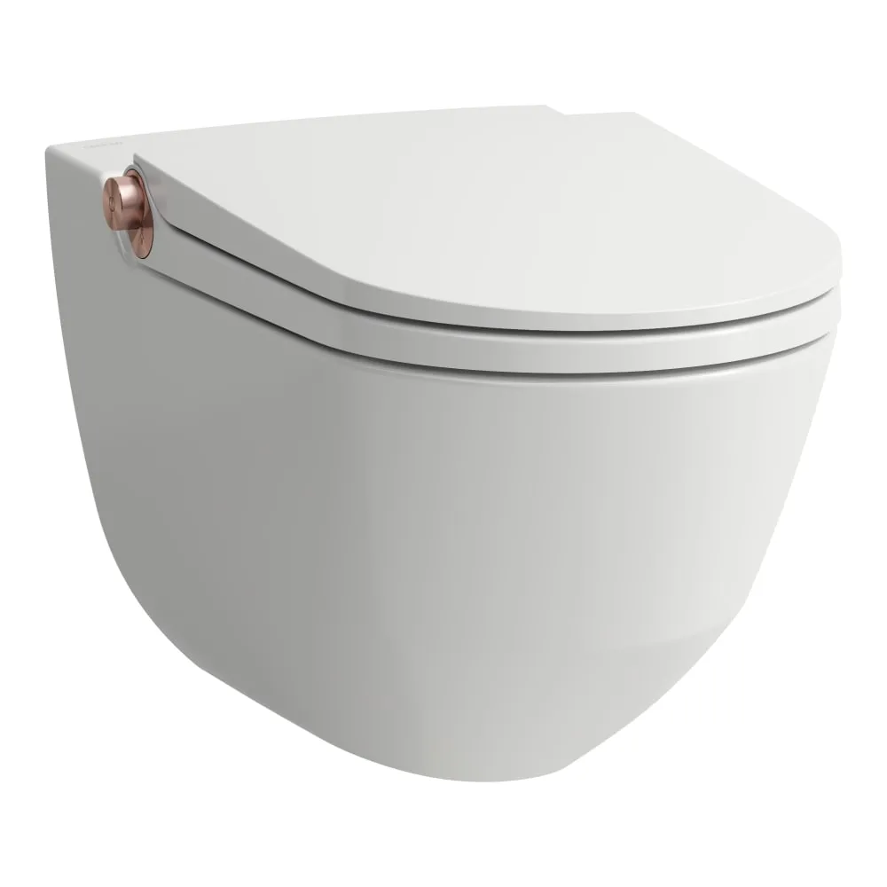 LAUFEN CLEANET RIVA Dusch-WC, wandhängend, Tiefspüler, ohne Spülrand, inkl. WC-Sitz mit Deckel, abnehmbar, mit Absenkautomatik, inkl. Fernbedienung mit Touchscreen 600 x 395 x 415 mm #H8206917640001 - 764 - Weiß matt mit Roségold poliert