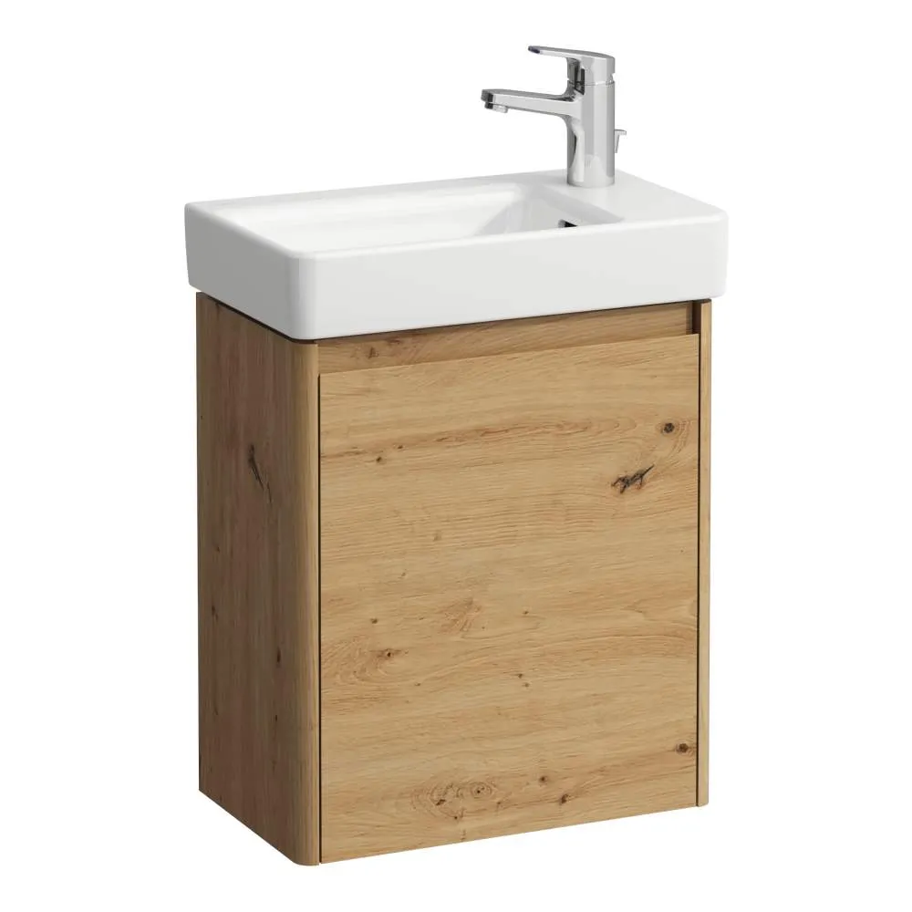 LAUFEN Komplettset 480: PRO S Waschtisch H815954 weiß, 1 Hahnloch + BASE 2.0 Waschtischunterbau H411232, 1 Tür, Scharnier rechts 480 x 280 x 605 mm #H8659642671041 - 267 - Wildeiche