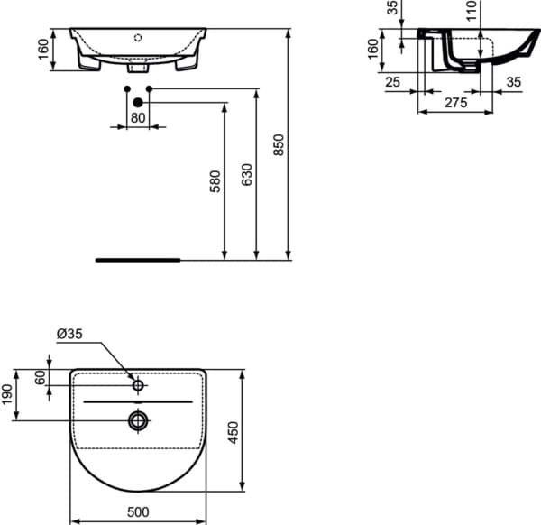 Bild von IDEAL STANDARD Connect Air Arc 50cm semi-countertop basin - one taphole White E035801