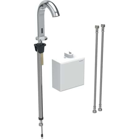 Picture of GEBERIT Piave washbasin tap, deck-mounted, generator operation, with exposed function box stainless steel finish / brushed, easy-to-clean coated #116.165.SN.1