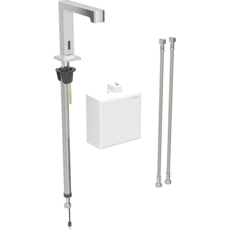 Picture of GEBERIT Brenta washbasin tap, deck-mounted, mains operation, with exposed function box stainless steel finish / brushed, easy-to-clean coated #116.171.SN.1