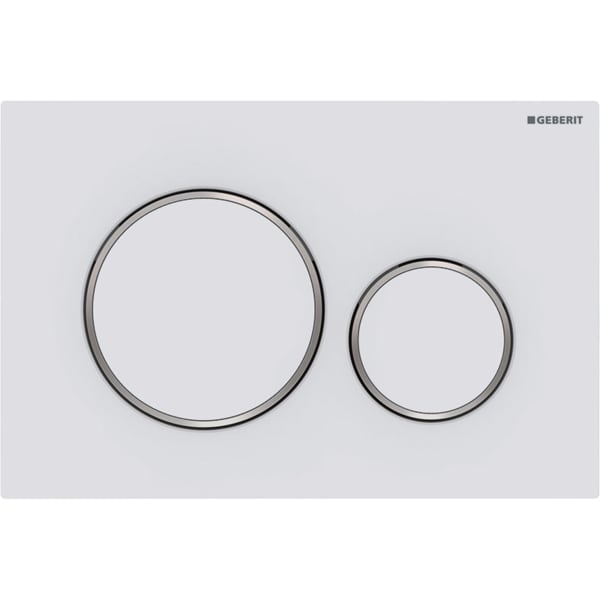 Picture of GEBERIT Sigma20 flush plate for dual flush Plate and buttons: white matt coated, easy-to-clean coated Design rings: gloss chrome-plated #115.882.JT.1