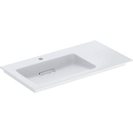 Picture of GEBERIT ONE vanity basin, horizontal outlet, right shelf surface Washbasin: white / KeraTect Cover: glossy white #505.008.00.1