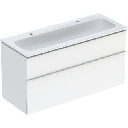 GEBERIT iCon Set mobilya lavabo dar ağızlı, makyaj üniteli, iki çekmeceli ve lavabo bağlantılı Lavabo: beyaz Gövde ve ön kısım: beyaz / parlak lake Kulp: beyaz / toz boyalı mat #502.338.01.1 resmi