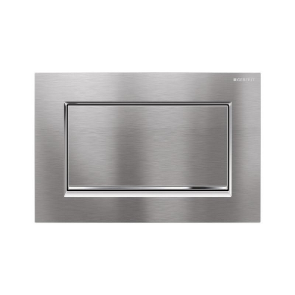 Picture of GEBERIT Sigma30 flush plate for stop-and-go flush, screwable Plate and button: chrome-plated, brushed, easy-to-clean coated Design stripes: gloss chrome-plated #115.893.KX.1