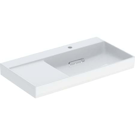 Picture of GEBERIT ONE washbasin, horizontal outlet, left shelf surface Washbasin: white / KeraTect Cover: glossy white #505.044.00.1