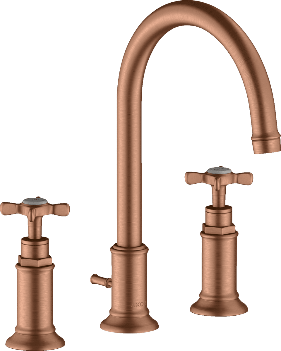 HANSGROHE AXOR Montreux 3-Loch Waschtischarmatur 180 mit Kreuzgriffen und Zugstangen-Ablaufgarnitur #16513310 - Brushed Red Gold