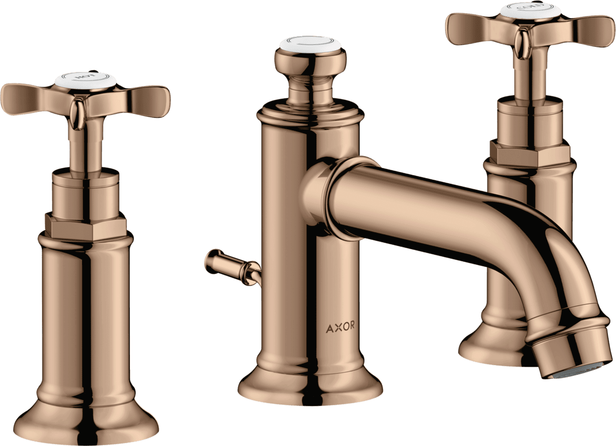 HANSGROHE AXOR Montreux 3-Loch Waschtischarmatur 30 mit Kreuzgriffen und Zugstangen-Ablaufgarnitur #16536300 - Polished Red Gold