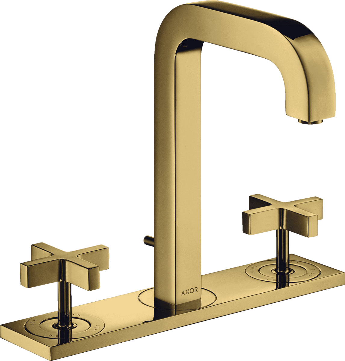 HANSGROHE AXOR Citterio 3-Loch Waschtischarmatur 170 mit Auslauf 140 mm, Kreuzgriffen, Platte und Zugstangen-Ablaufgarnitur #39134990 - Polished Gold Optic