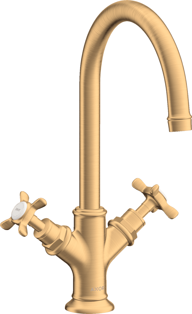 HANSGROHE AXOR Montreux 2-Griff Waschtischarmatur 210 mit Kreuzgriffen und Zugstangen-Ablaufgarnitur #16502950 - Brushed Brass