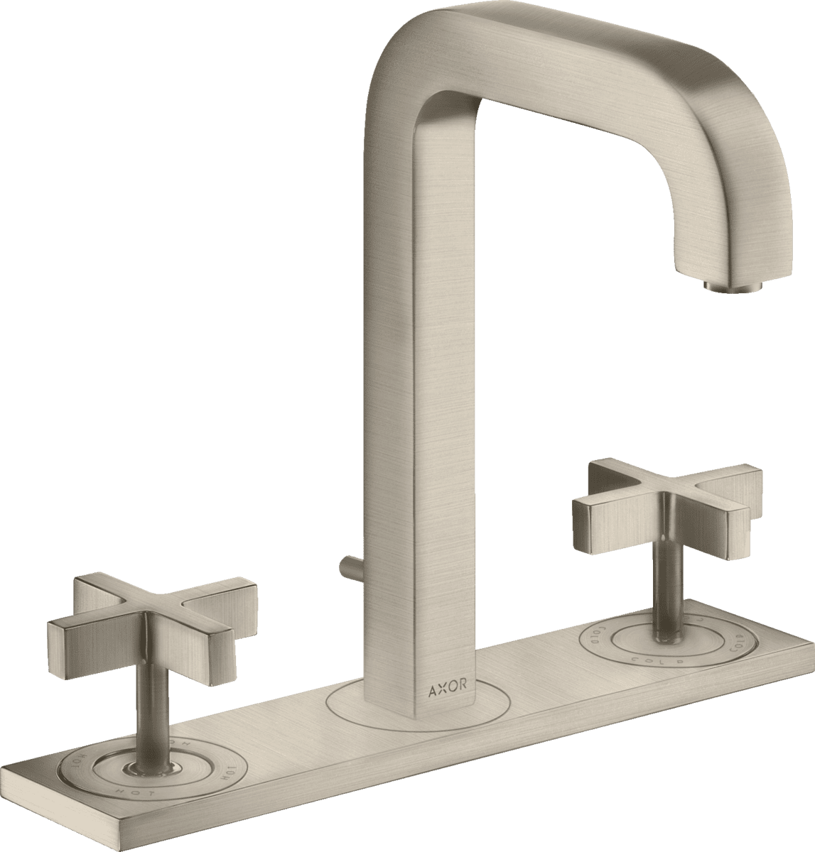 HANSGROHE AXOR Citterio 3-Loch Waschtischarmatur 170 mit Auslauf 140 mm, Kreuzgriffen, Platte und Zugstangen-Ablaufgarnitur #39134820 - Brushed Nickel