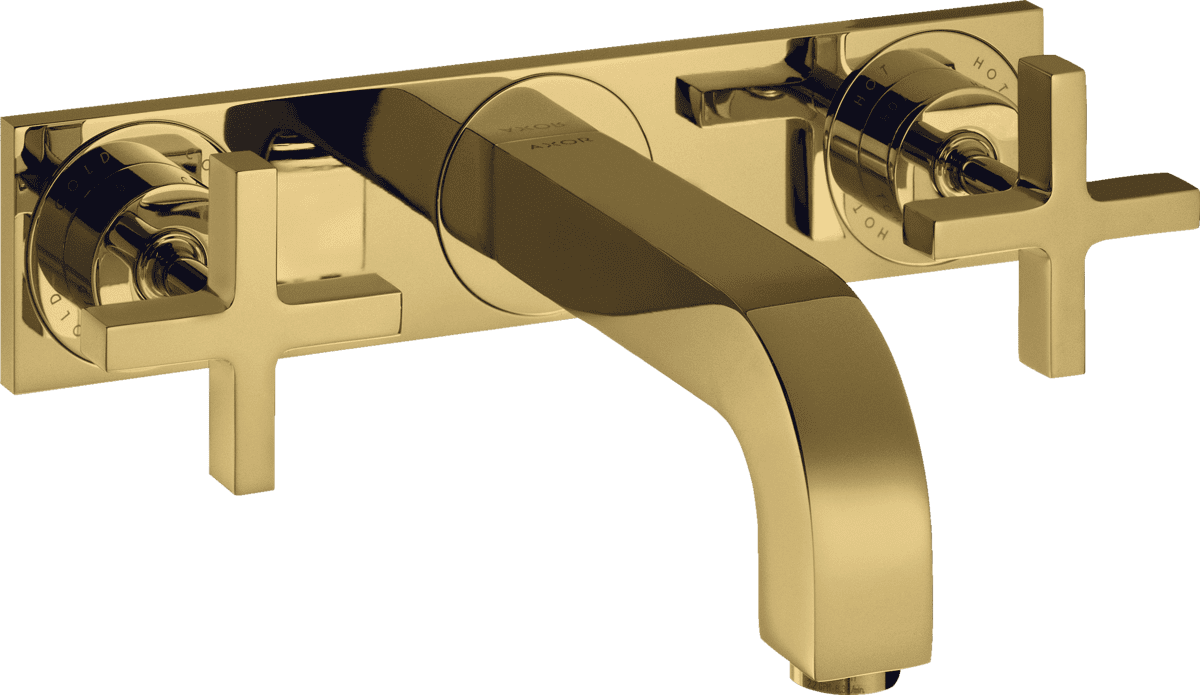 HANSGROHE AXOR Citterio 3-Loch Waschtischarmatur Unterputz für Wandmontage mit Auslauf 226 mm, Kreuzgriffen und Platte #39144990 - Polished Gold Optic