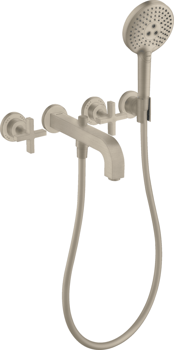 HANSGROHE AXOR Citterio 3-Loch Wannenarmatur Unterputz für Wandmontage mit Kreuzgriffen und Rosetten #39447820 - Brushed Nickel