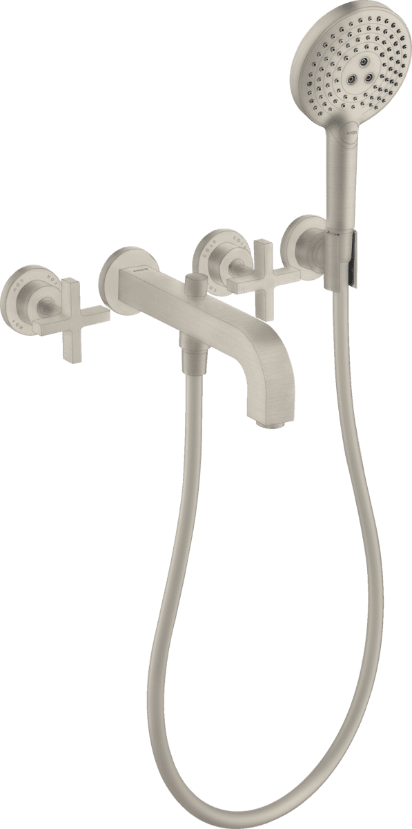 HANSGROHE AXOR Citterio 3-Loch Wannenarmatur Unterputz für Wandmontage mit Kreuzgriffen und Rosetten #39447800 - Edelstahl Optic