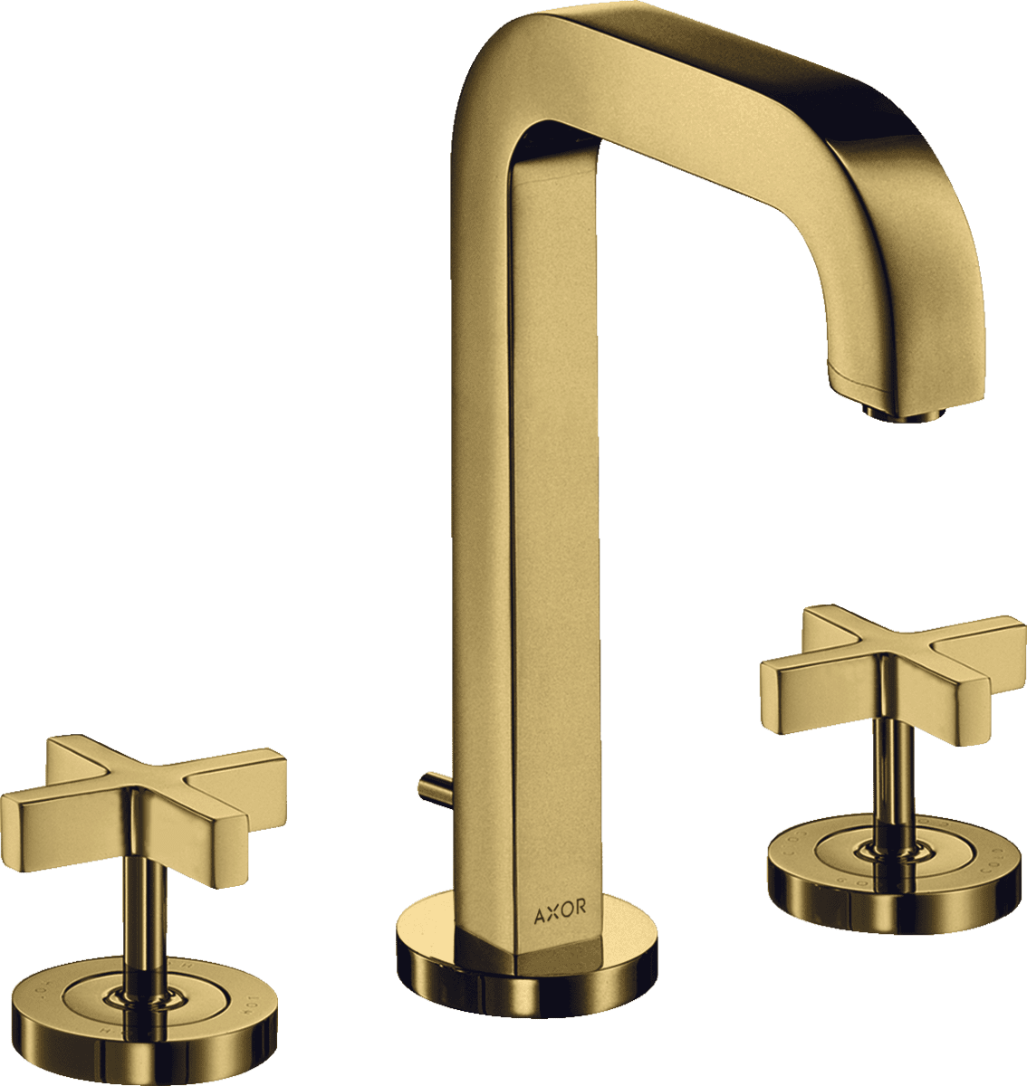 HANSGROHE AXOR Citterio 3-Loch Waschtischarmatur 170 mit Auslauf 140 mm, Kreuzgriffen, Rosetten und Zugstangen-Ablaufgarnitur #39133990 - Polished Gold Optic