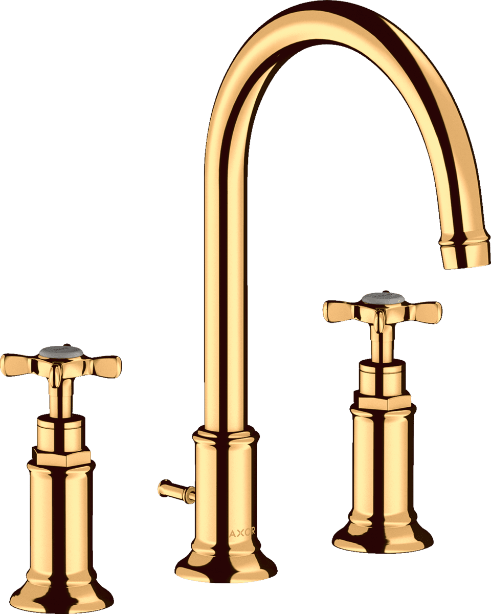 HANSGROHE AXOR Montreux 3-Loch Waschtischarmatur 180 mit Kreuzgriffen und Zugstangen-Ablaufgarnitur #16513990 - Polished Gold Optic