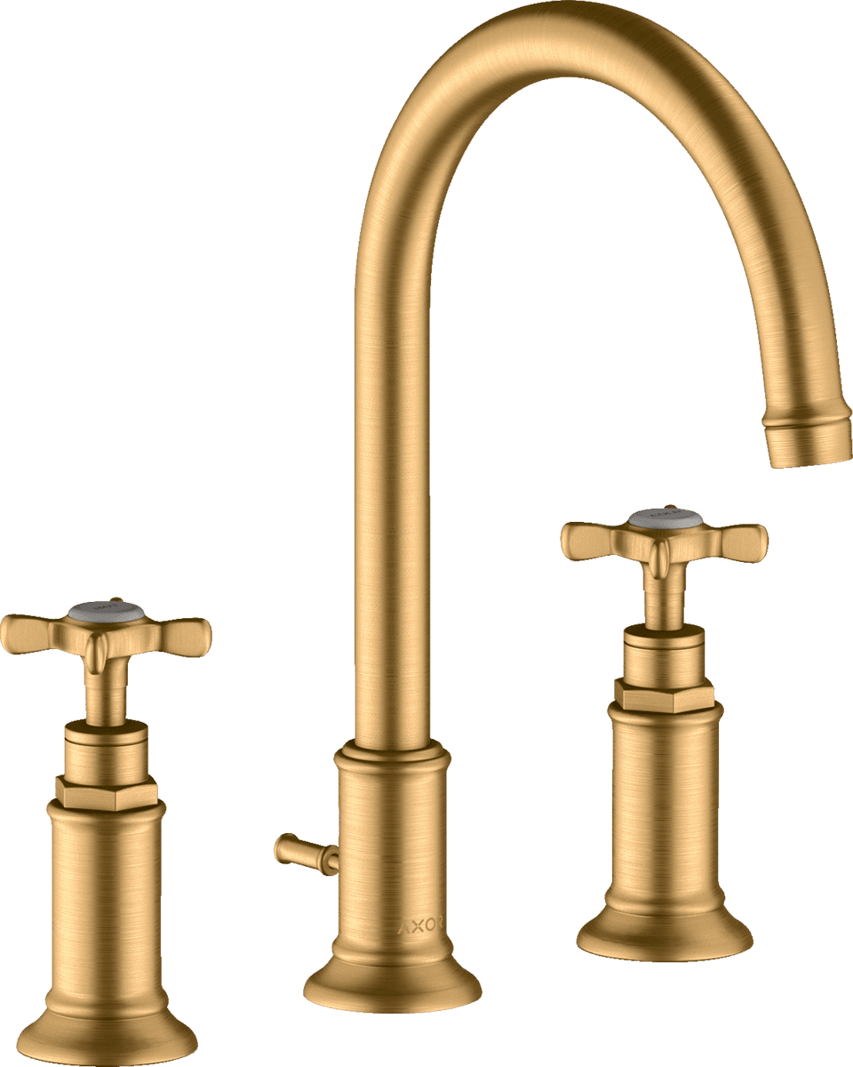 HANSGROHE AXOR Montreux 3-Loch Waschtischarmatur 180 mit Kreuzgriffen und Zugstangen-Ablaufgarnitur #16513950 - Brushed Brass
