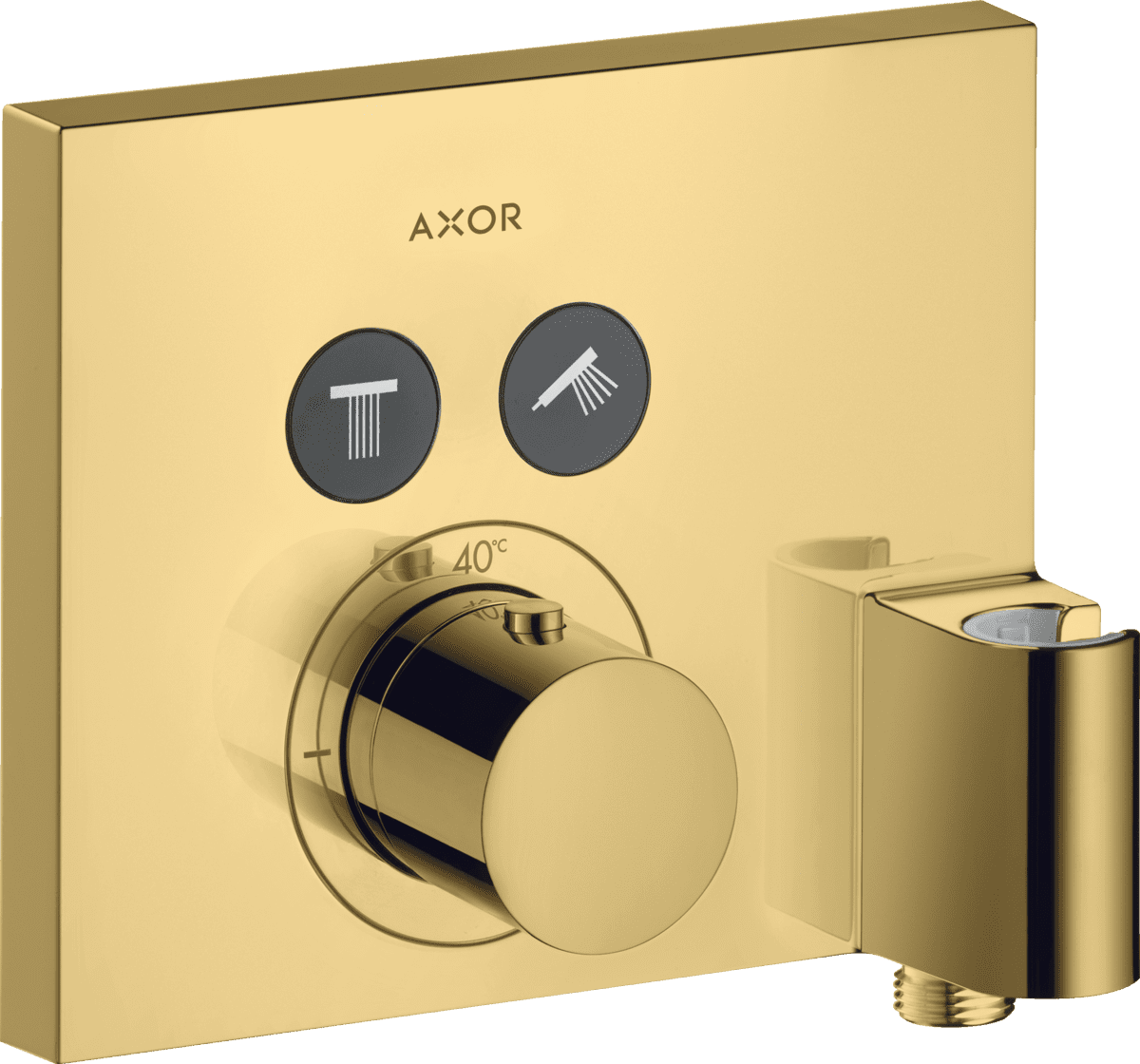 Зображення з  HANSGROHE AXOR ShowerSelect Thermostat for concealed installation square for 2 functions with wall outlet and shower holder #36712990 - Polished Gold Optic