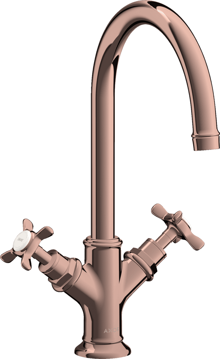 HANSGROHE AXOR Montreux 2-Griff Waschtischarmatur 210 mit Kreuzgriffen und Zugstangen-Ablaufgarnitur #16502300 - Polished Red Gold